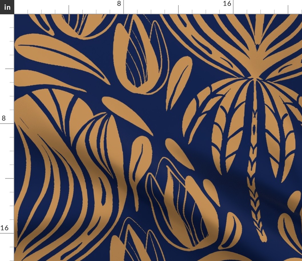 Art Nouveau Floral Scallop, Navy Blue, Golden Mustard, Large