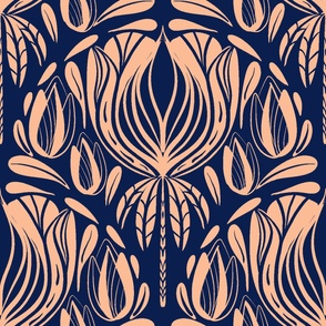 Art Nouveau Floral Scallop Navy Blue, Peach Fuzz, Large