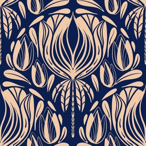 Art Nouveau Floral Scallop, Navy Blue, Peach, Large 