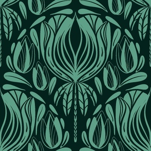Art Nouveau Floral Scallop Turquoise, Teal, Large 