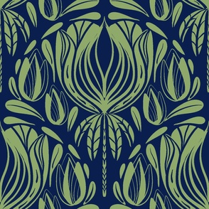 Art Nouveau Floral Scallop, Navy Blue, Lime Green, Large
