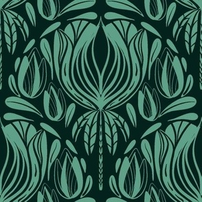 Art Nouveau Floral Scallop Turquoise, Teal, Medium