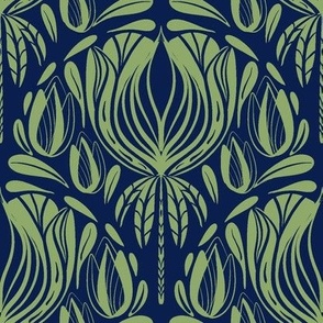 Art Nouveau Floral Scallop, Navy Blue, Lime Green, Medium