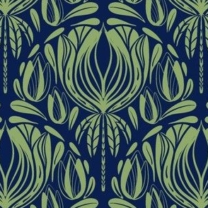 Art Nouveau Floral Scallop, Navy Blue, Lime Green, Small