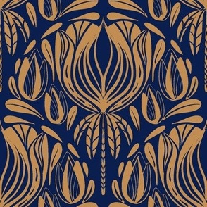 Art Nouveau Floral Scallop, Navy Blue, Golden Mustard, Medium