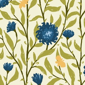 24" Spring Trellis - Trailing Indigo Blue Abstract Flowers on Beige