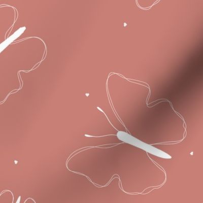 White butterfly silhouette with tiny white hearts on a redwood pink background 