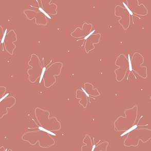 White butterfly silhouette with tiny white hearts on a redwood pink background 