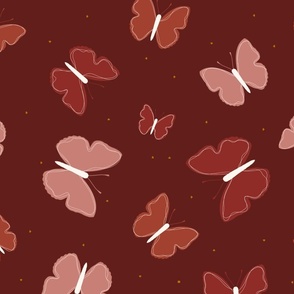 Pink, red, and orange butterflies with tiny yellow hearts on a red background