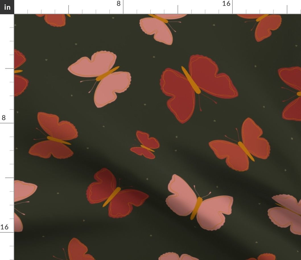 Pink, red, orange butterflies with green tiny hearts on an artichoke green background