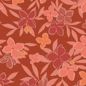 Orange and pink flowers with white silhouettes and tiny white dots on a rust background 