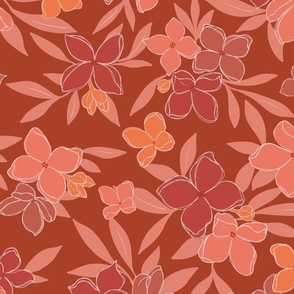 Orange and pink flowers with white silhouettes on a rust background 