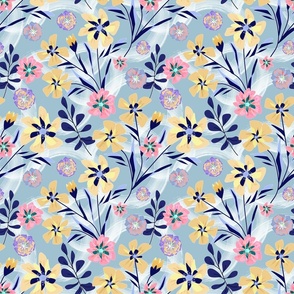 Pink, yellow flowers on a light blue background. Retro floral pattern.