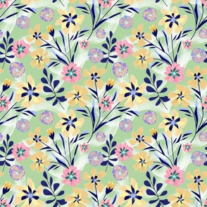 Pink, yellow flowers on a light green background. Retro floral pattern.