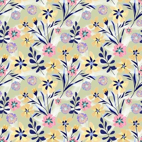 Pink, yellow flowers on a light olive background. Retro floral pattern.