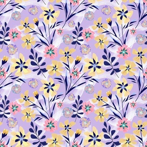 Pink, yellow flowers on a lilac background. Retro floral pattern.