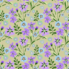 Blue, lilac flowers on an olive background. Retro floral pattern.