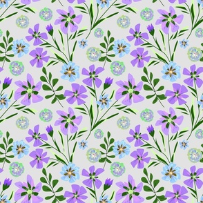 Blue, lilac flowers on a light gray background. Retro floral pattern.
