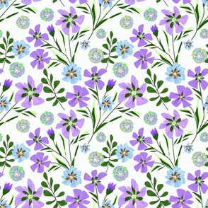 Blue, lilac flowers on a dark light background. Retro floral pattern.