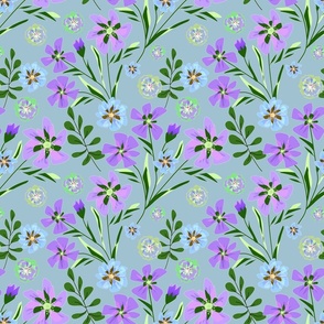 Blue, lilac flowers on a dark light grayish-turquoise background. Retro floral pattern.