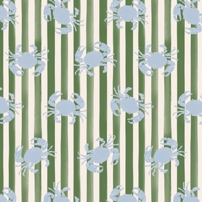 HAND PAINTED BLUE CRABS ON PAINTED GREEN VERTICAL STRIPES