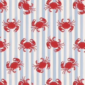 HAND PAINTED RED CRABS ON PAINTED LIGHT BLUE VERTICAL STRIPES