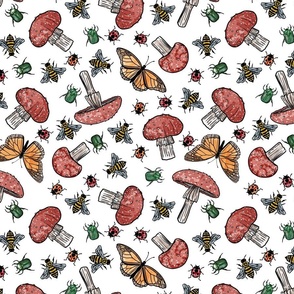 Bugs and Mushrooms with Butterflies.  Ladybugs,  Bees and Green Beetles White Background 