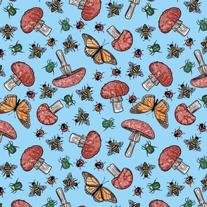 Bugs and Mushrooms with Butterflies,  Ladybugs, Bees and Green Beetles Pastel Blue  Background 