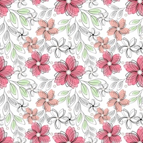Pink, peach flowers on a white background. Retro floral pattern.