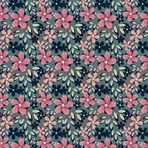 Pink, peach flowers on a gray, turquoise background. Retro floral pattern.