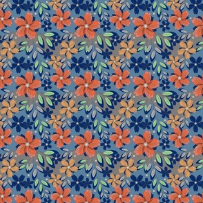 Orange, blue flowers on a gray, blue background. Retro floral pattern.