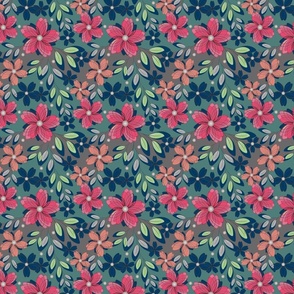 Pink, orange flowers on a gray, turquoise background. Retro floral pattern.