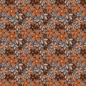 Orange flowers on a gray, brown background. Monochrome retro floral pattern.