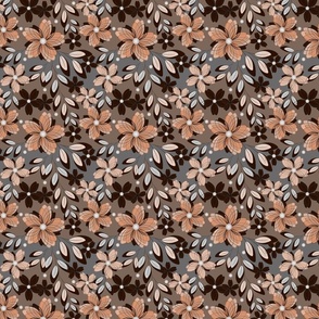 Beige flowers on a gray, brown background. Monochrome retro floral pattern.