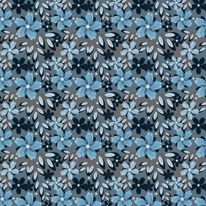 Blue flowers on a gray background. Monochrome retro floral pattern.