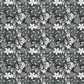 Gray, white flowers on a gray background. Monochrome retro floral pattern.