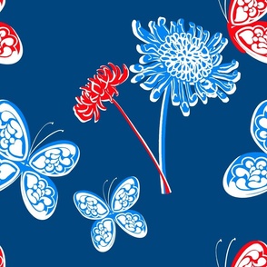 Butterfly Garden Red White And Blue Palm Royale Beach Chrysanthemum Flowers Blue Forward Independence Day 60’s 70’s Mid-Century Modern Tonal Miminalist July 4th Hippy Beach Bright Floral Retro Scandi Style Garden Repeat Pattern