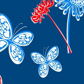 Butterfly Garden Red White And Blue Palm Royale Beach Big Chrysanthemum Flowers Blue Forward Independence Day 60’s 70’s Mid-Century Modern Tonal Miminalist July 4th Hippy Beach Bright Floral Retro Scandi Style Garden Repeat Pattern