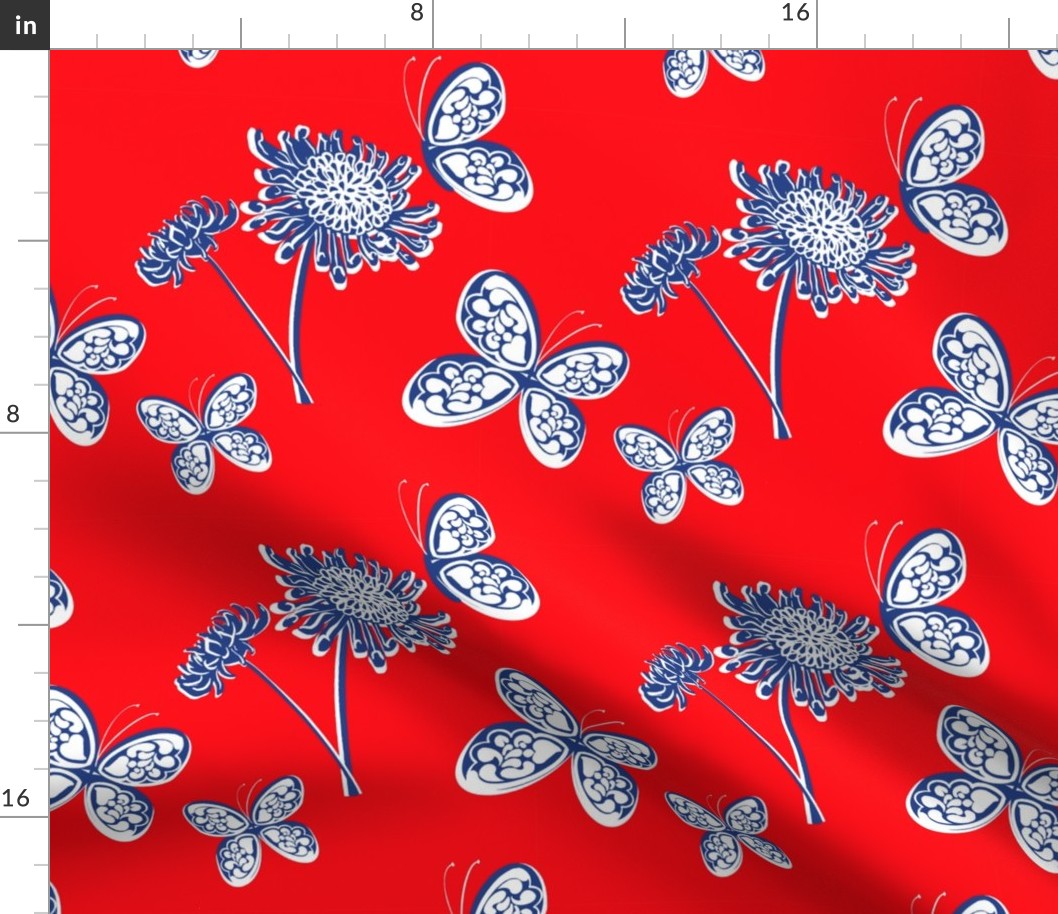 Butterfly Garden Red White And Blue Palm Royale Beach Mini Navy Chrysanthemum Flowers On Cherry Independence Day 60’s 70’s Mid-Century Modern Tonal Miminalist July 4th Hippy Beach Bright Floral Retro Scandi Style Garden Repeat Pattern 