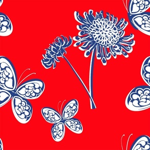 Butterfly Garden Red White And Blue Palm Royale Beach Navy Chrysanthemum Flowers On Cherry Independence Day 60’s 70’s Mid-Century Modern Tonal Miminalist July 4th Hippy Beach Bright Floral Retro Scandi Style Garden Repeat Pattern 