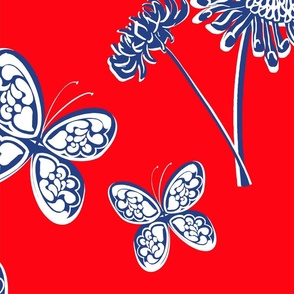 Butterfly Garden Red White And Blue Palm Royale Beach Big Navy Chrysanthemum Flowers On Cherry Independence Day 60’s 70’s Mid-Century Modern Tonal Miminalist July 4th Hippy Beach Bright Floral Retro Scandi Style Garden Repeat Pattern 