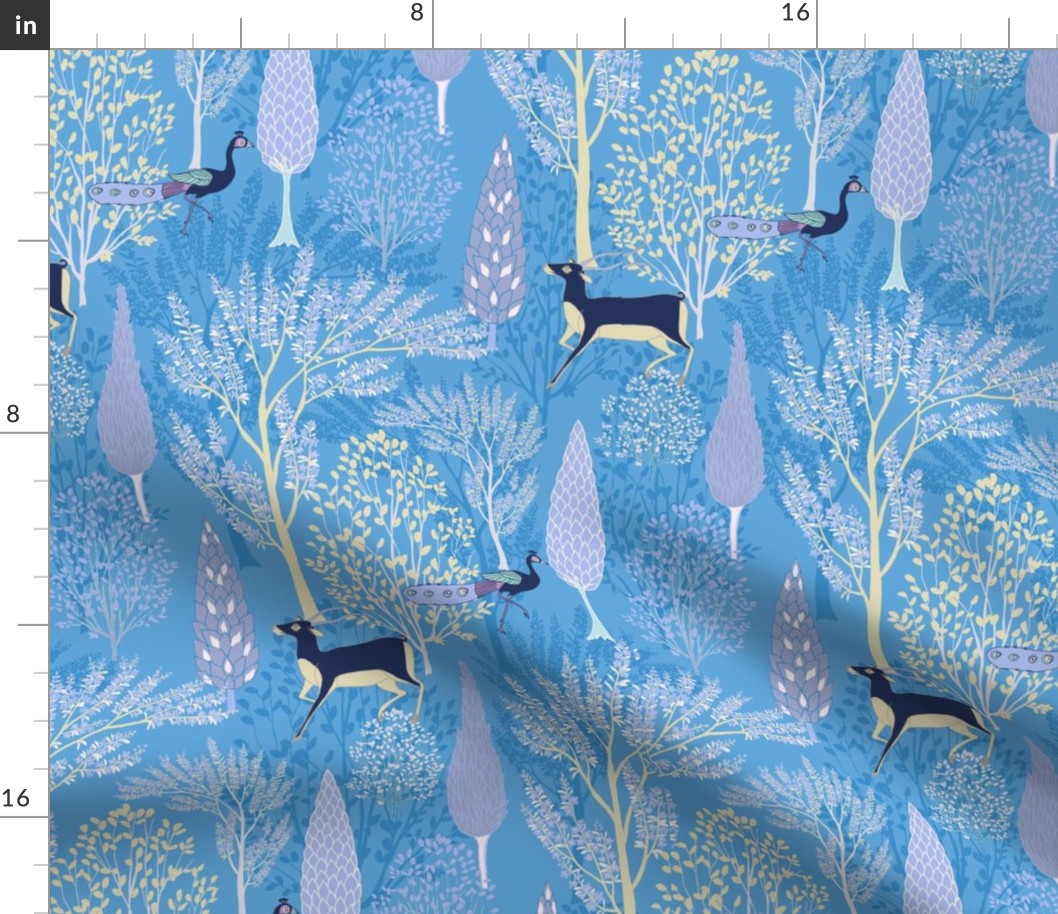 Enchanting Surreal Forest//Whimsical//Blue//medium scale//mughal garden//peacock, deer//Wallpaper//home decor//fabric