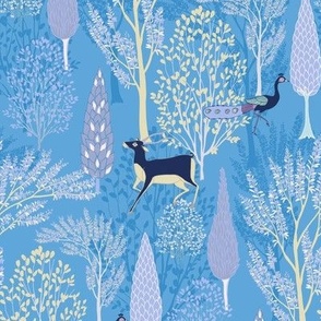 Enchanting Surreal Forest//Whimsical//Blue//Small scale//mughal garden//peacock, deer//Wallpaper//home decor//fabric