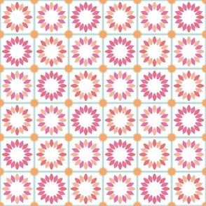 Geometric Flower Grid - white background with peach, pink and purple petals