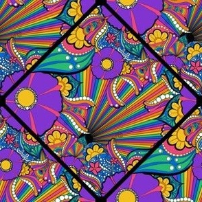 6” French Country Florals Tangle Psychedelic Rainbow Diamond Tile - Small
