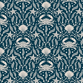 Coastal charm: block print style crabs, shells and starfish among flowing kelp fronds - coordinate design in two colors