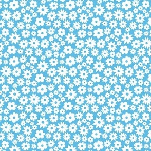 Tiny white daisies on baby blue background. Extra small scale daises. Small scale blue flowers. Ditsy Flowers blue and white.