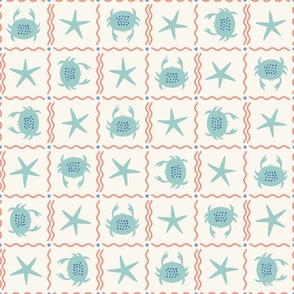 Small Cute Crab And Starfish Checkerboard in Aqua Blue, Light Ivory And Coral Red