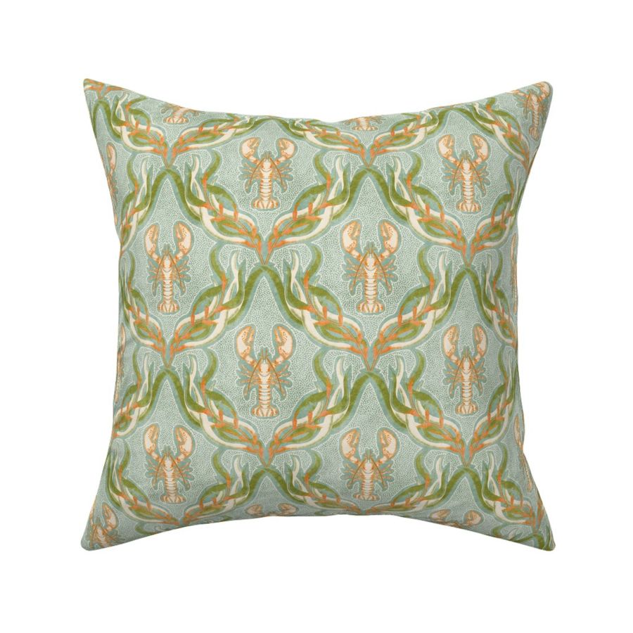 Underwater Habitat- Lobster Seaweed Damask- Nautical Crustacean Summer- Mint- Small Scale