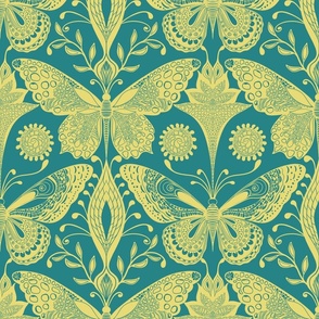 Symmetrical Butterfly Dreamscape - Turquoise  + Yellow  ( Large ) 